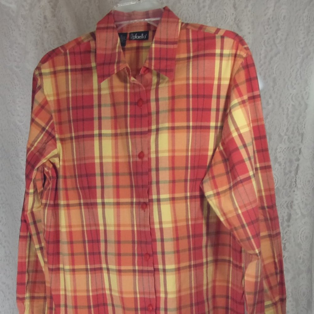 Rafaella Classic Button Front Plaid Shirt Orange Yellow NWOT